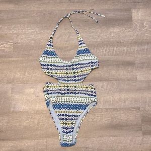 Aerie Blue Geometric Midriff Cut Out One Piece Bathing Suit Small.